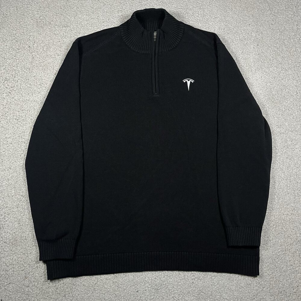 Tesla 1/4 Zip Pullover Mens 2XL Black Sweater Elon Musk Electric Car Motors